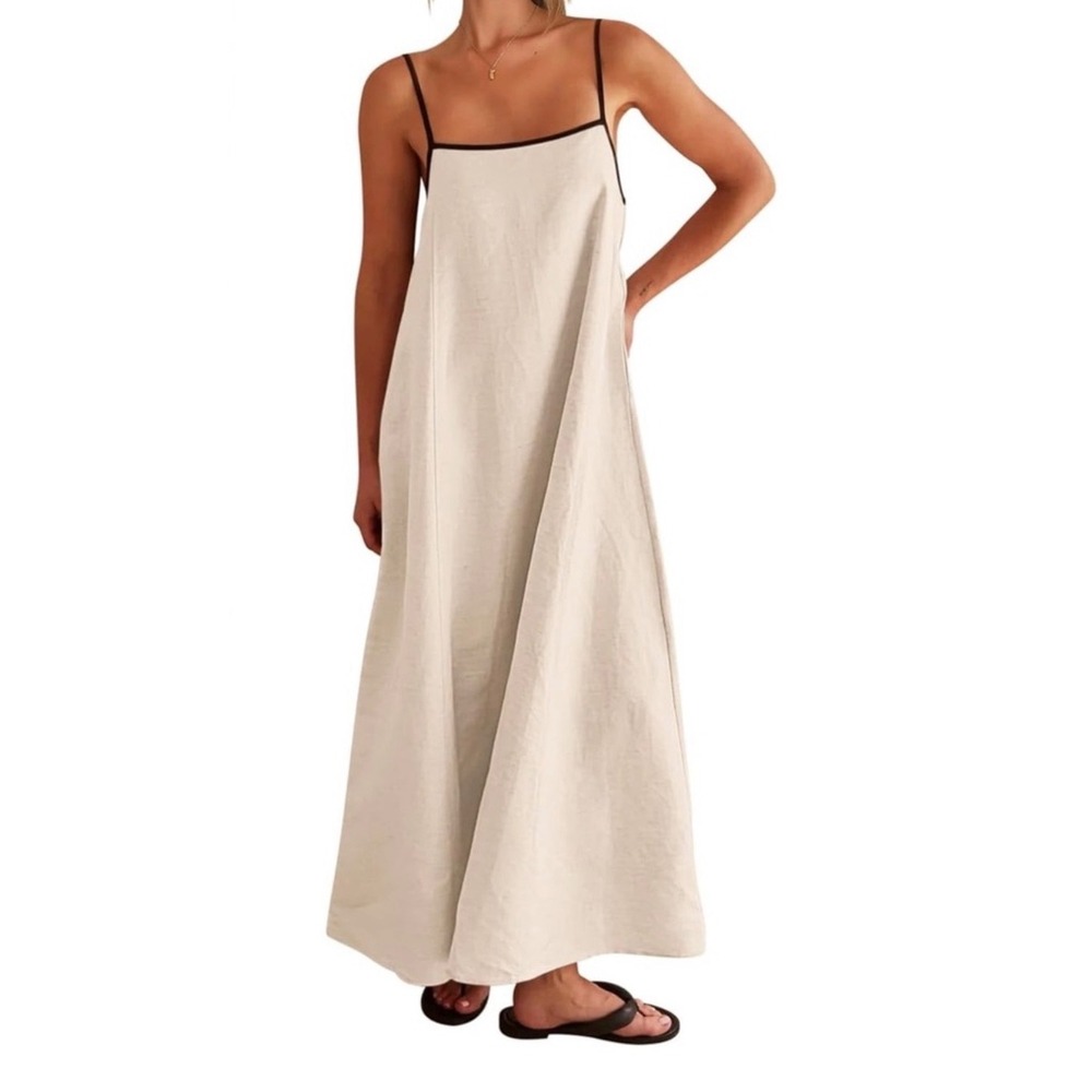 Shy Velvet 100% Linen Maxi Dress S Beige Black Trim Spaghetti Strap Pockets NEW